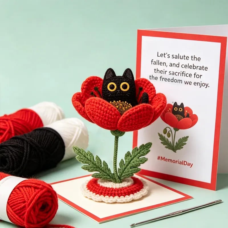 🔥LAST DAY 49% OFF-🌺Handmade Crochet Black Cat with Poppy