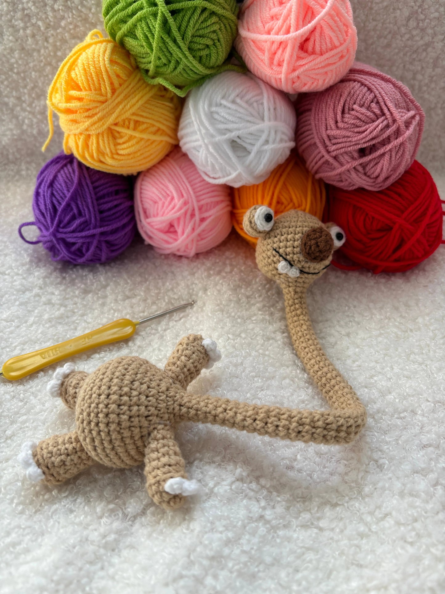 Handmade Crochet Prehistoric Sloth Bag Charm - Funny Long Neck Sloth Plush Toy,Gift for Animal Lovers