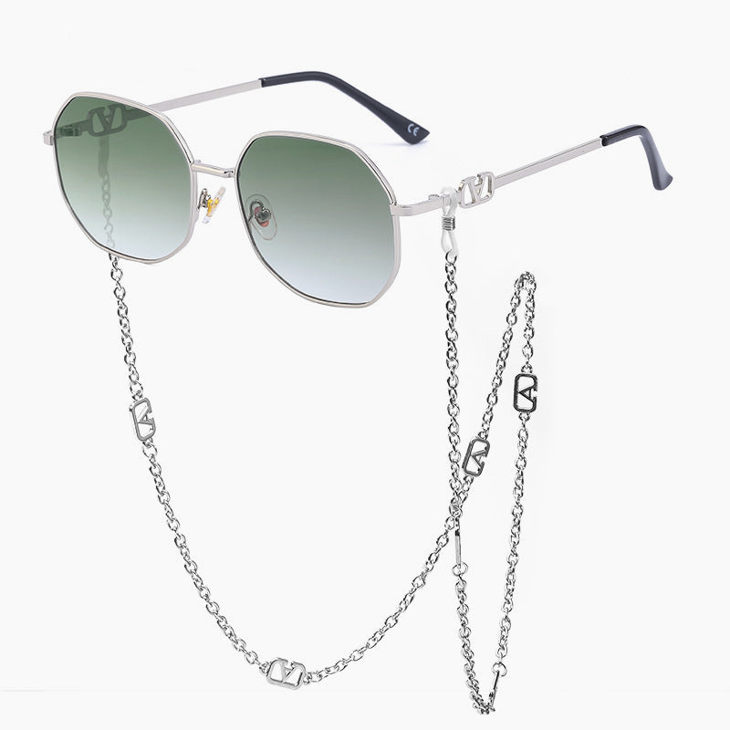 Women's Chain Sunglasses With Anti-Drop Lanyard, Irregular Polygonal Full-Rim Sunglasses