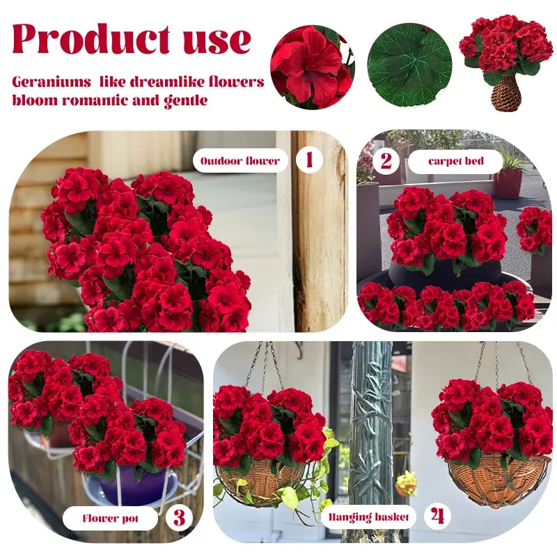 UV-resistant artificial geraniums – Red artificial flowers for patios, gardens and home décor