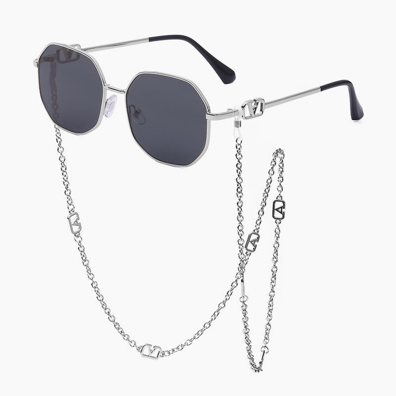 Women's Chain Sunglasses With Anti-Drop Lanyard, Irregular Polygonal Full-Rim Sunglasses