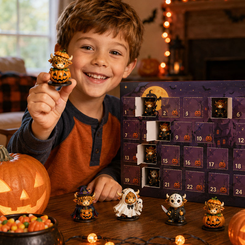 🐮🎃3D Highland Cow Halloween Countdown Calendar – 24-Day Surprise Box with Collectible Mini Figures