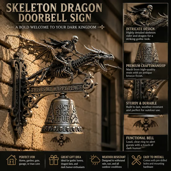 🐉 Skull Dragon Rider Bell – “This Is My Happy Place” Wall Bell