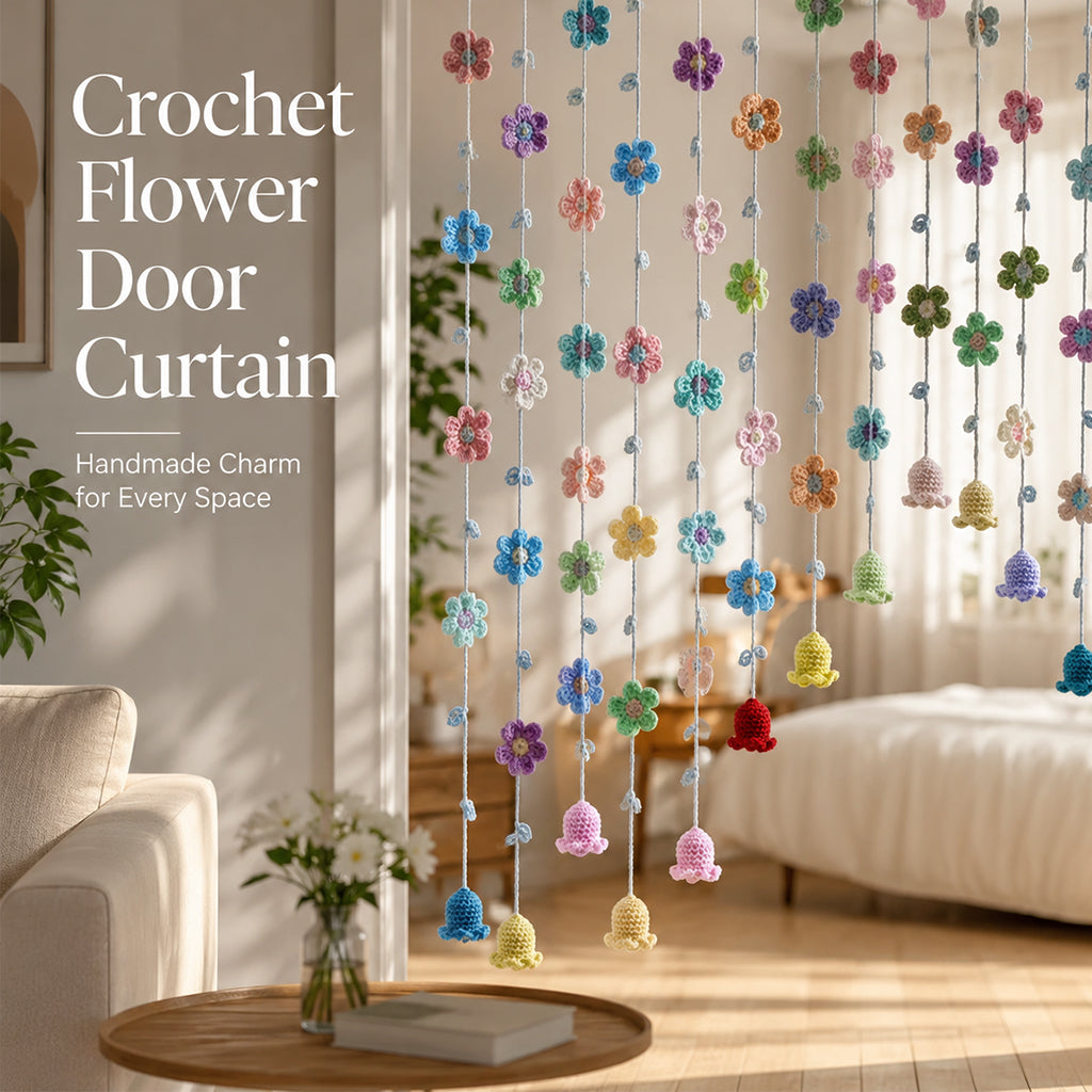 Hand-Crocheted Flower Door Curtain, Multi-Color Floral & Bell Orchid Design, Bedroom Decor, Trendy Gift