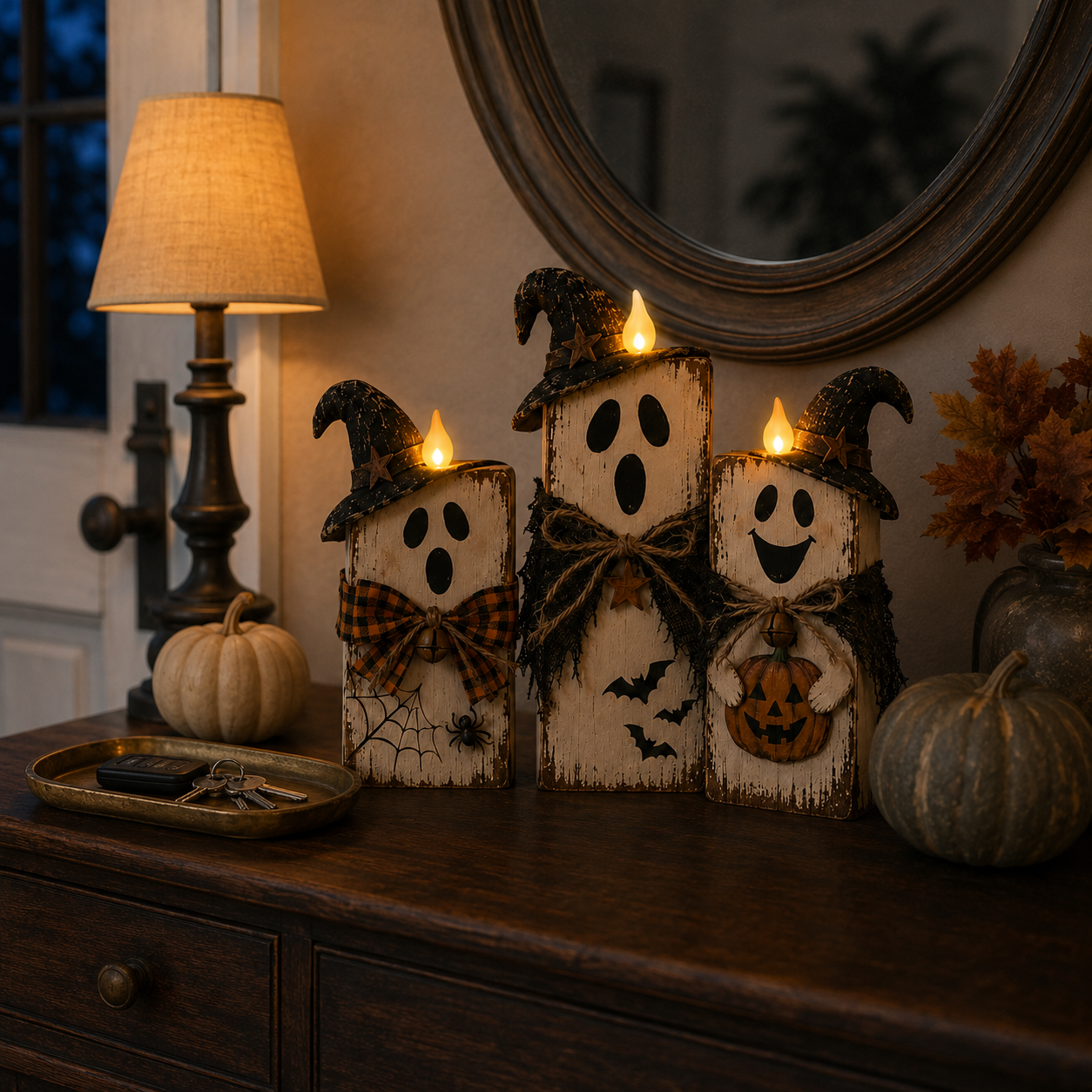 Lighted Vintage Wooden Ghost Decor Set of 3 with Remote Control