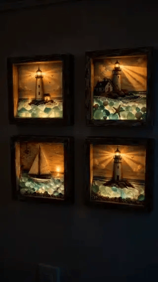 Coastal Lighthouse Sea Glass Shadow Box Night Light
