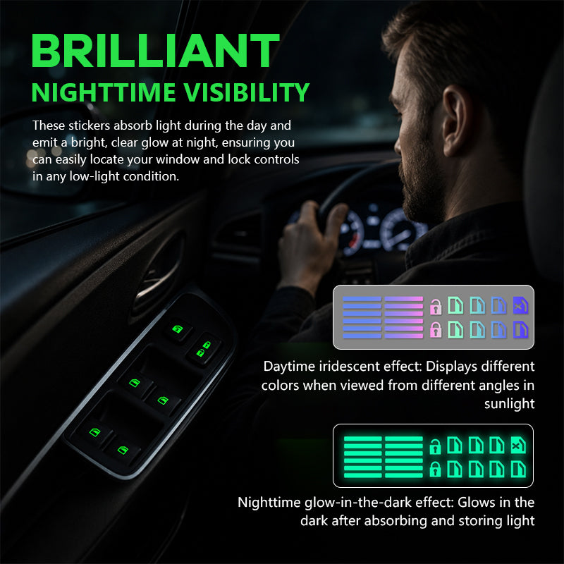 Luminous Car Window Switch Stickers | Colourful Night Glow Button Warning Decals For UK Vehicles