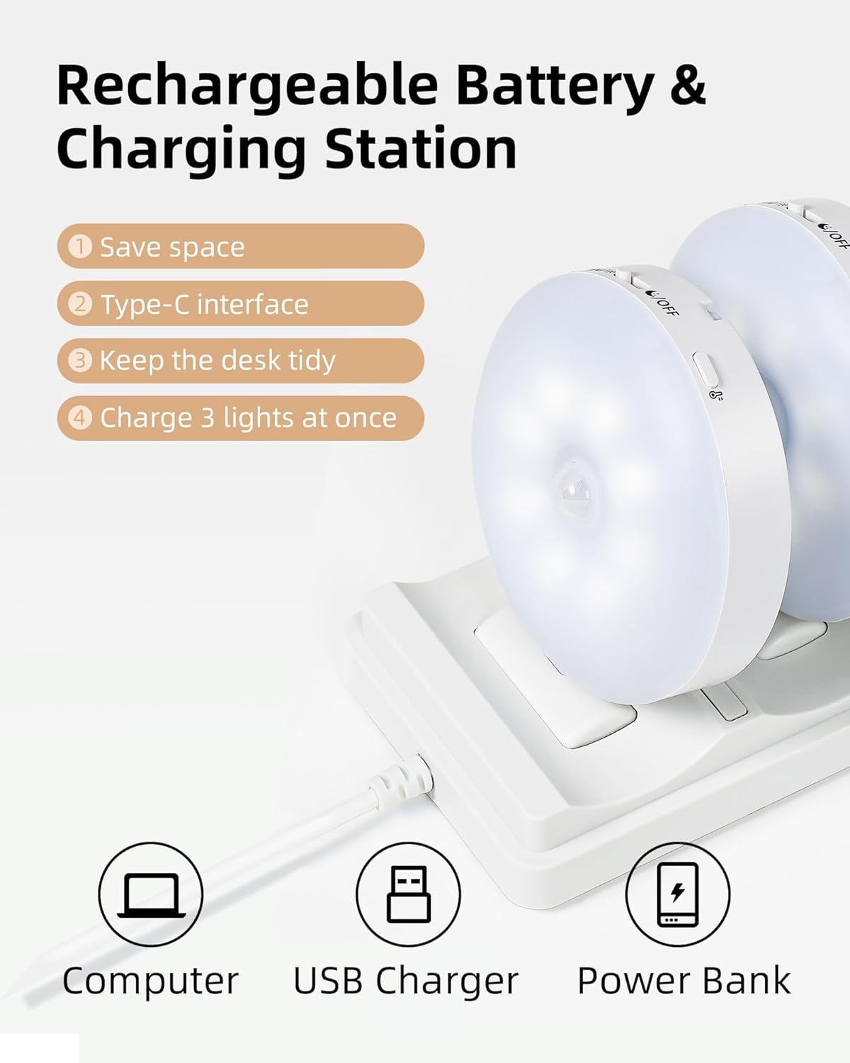 Under-cabinet lighting with charging station, rechargeable light strip with remote control