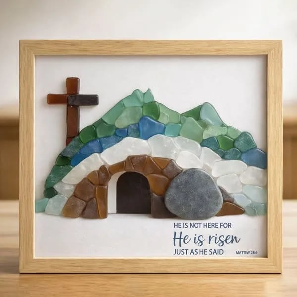 ✝️🌊Sea Glass Empty Tomb Resurrection Wall Art – He Is Risen!