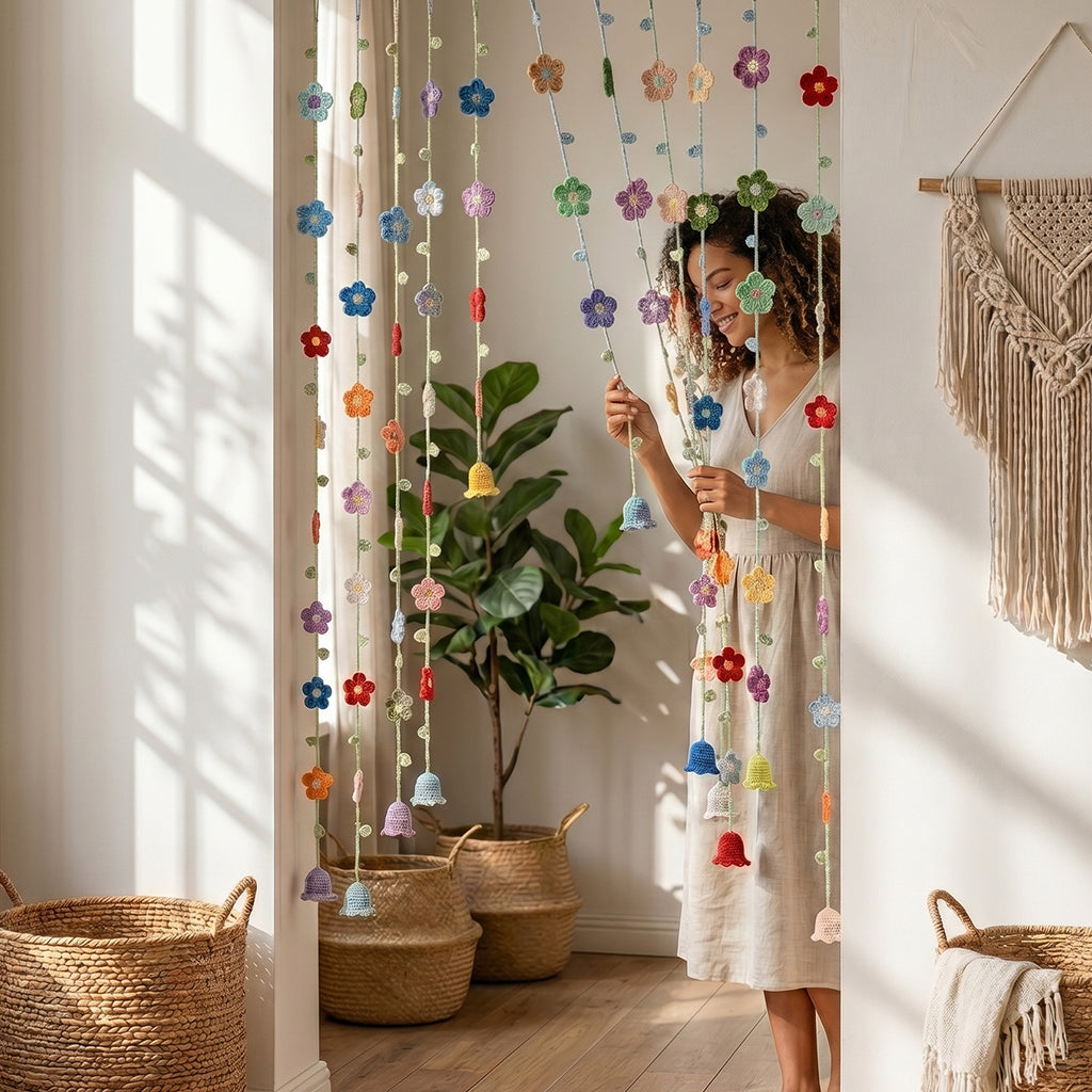 Hand-Crocheted Flower Door Curtain, Multi-Color Floral & Bell Orchid Design, Bedroom Decor, Trendy Gift