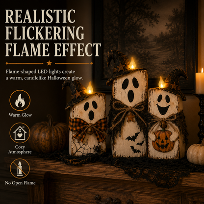 Lighted Vintage Wooden Ghost Decor Set of 3 with Remote Control