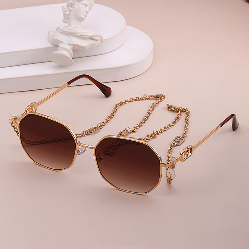 Women's Chain Sunglasses With Anti-Drop Lanyard, Irregular Polygonal Full-Rim Sunglasses