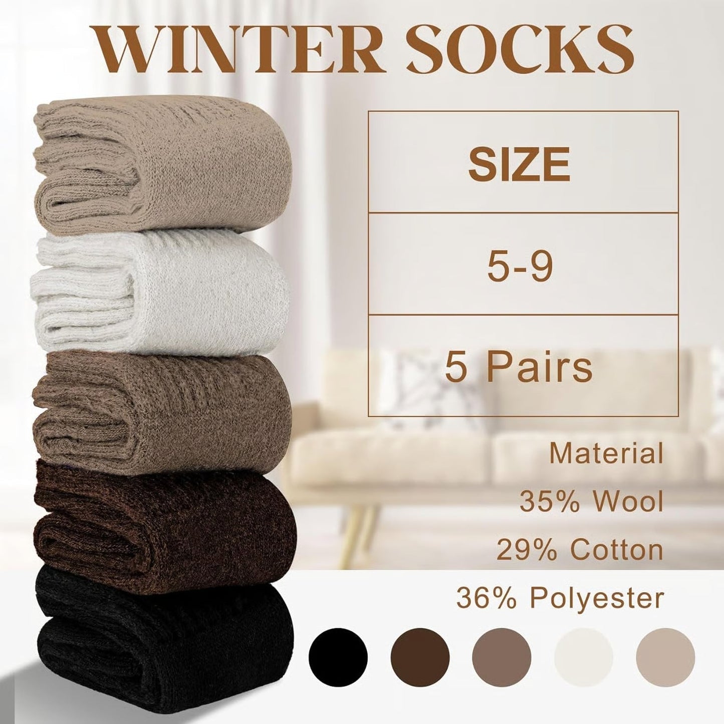 🧦5 pairs of wool socks for women - warm, mid-calf socks