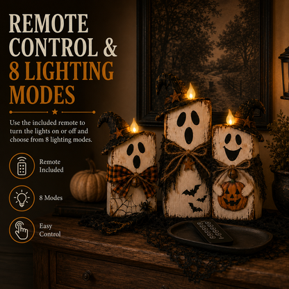 Lighted Vintage Wooden Ghost Decor Set of 3 with Remote Control