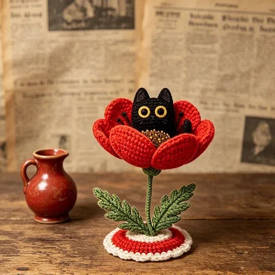🔥LAST DAY 49% OFF-🌺Handmade Crochet Black Cat with Poppy