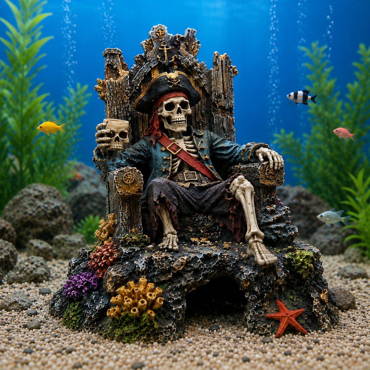 🌊☠️Underwater Pirate Skeleton Throne Aquarium Hideout Cave Decor