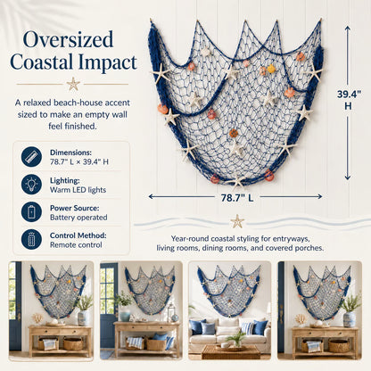 🌊✨ Coastal Fishing Net Wall Hanging with Fairy Lights