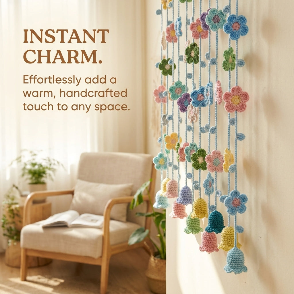 Hand-Crocheted Flower Door Curtain, Multi-Color Floral & Bell Orchid Design, Bedroom Decor, Trendy Gift