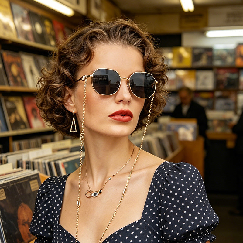Women's Chain Sunglasses With Anti-Drop Lanyard, Irregular Polygonal Full-Rim Sunglasses