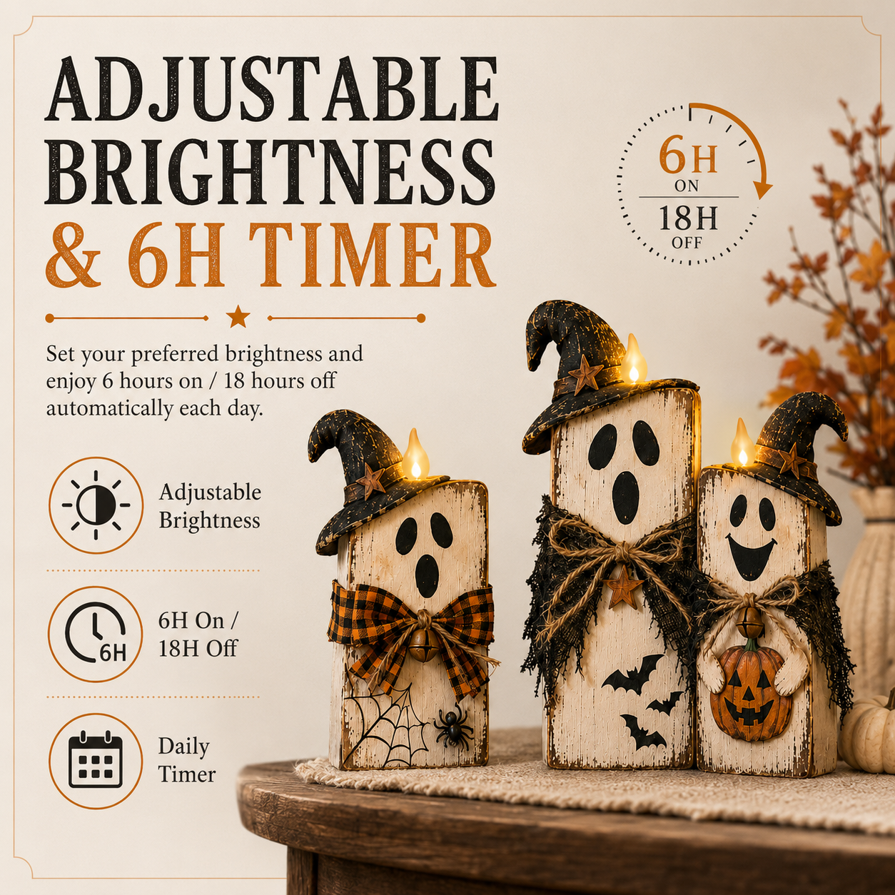 Lighted Vintage Wooden Ghost Decor Set of 3 with Remote Control