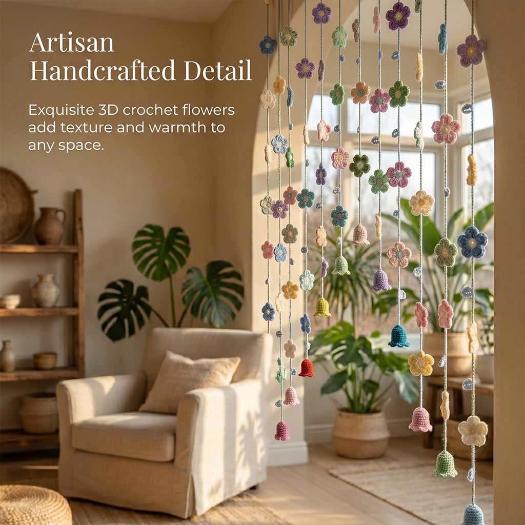 Hand-Crocheted Flower Door Curtain, Multi-Color Floral & Bell Orchid Design, Bedroom Decor, Trendy Gift
