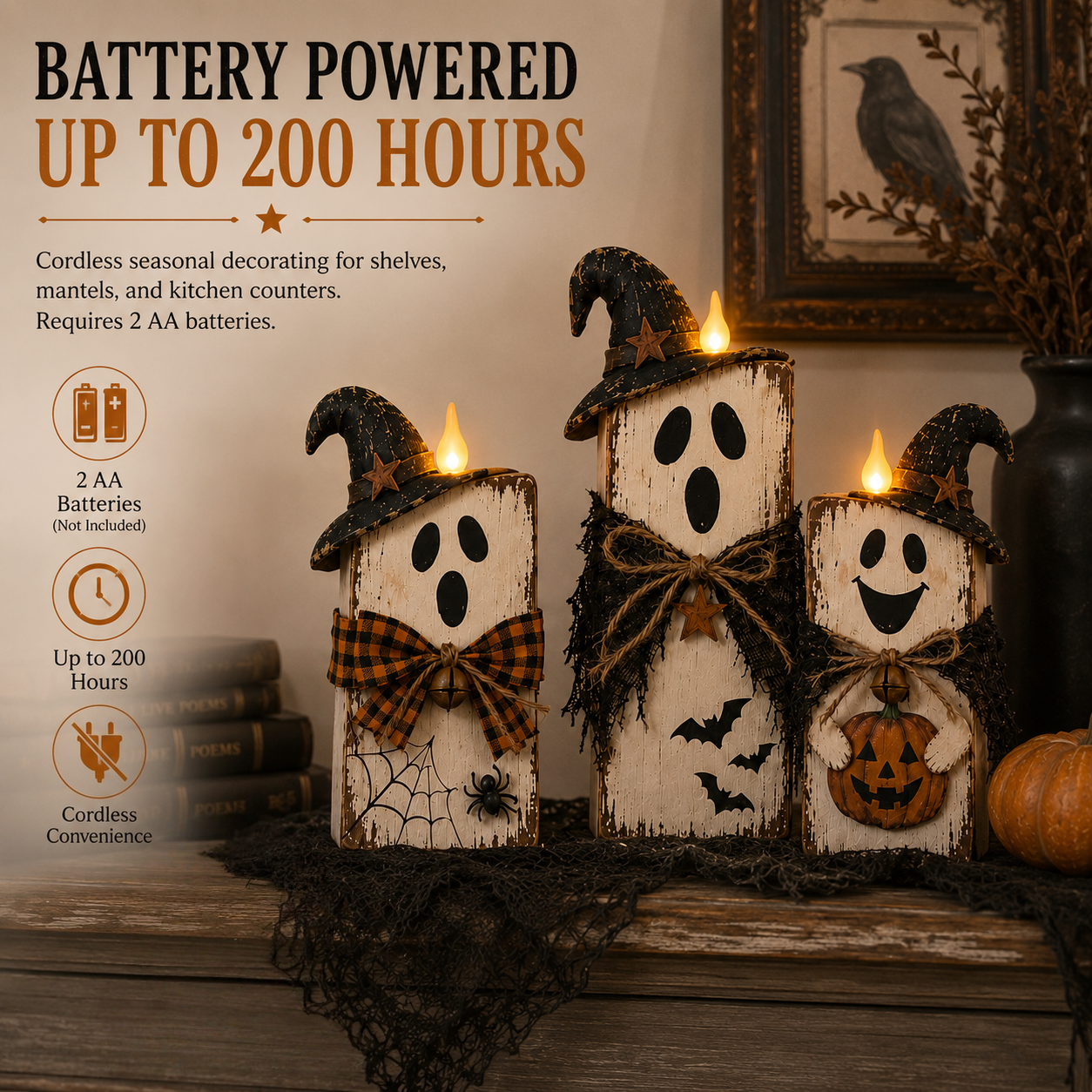 Lighted Vintage Wooden Ghost Decor Set of 3 with Remote Control