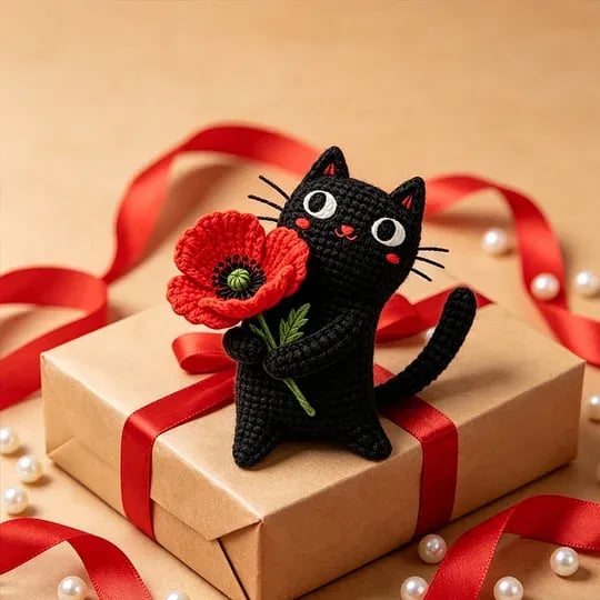🔥LAST DAY 49% OFF-🌺Handmade Crochet Black Cat with Poppy