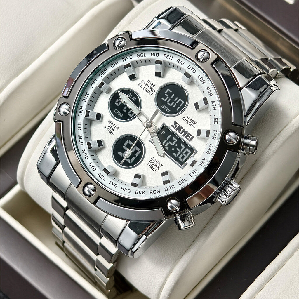 Men's Waterproof Wristwatch – Stainless Steel, Analog-Digital, Shock-Resistant, and Robust Design