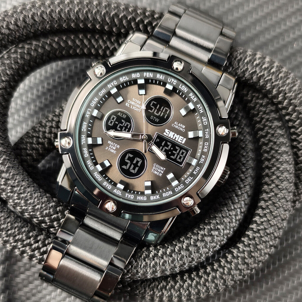 Men's Waterproof Wristwatch – Stainless Steel, Analog-Digital, Shock-Resistant, and Robust Design