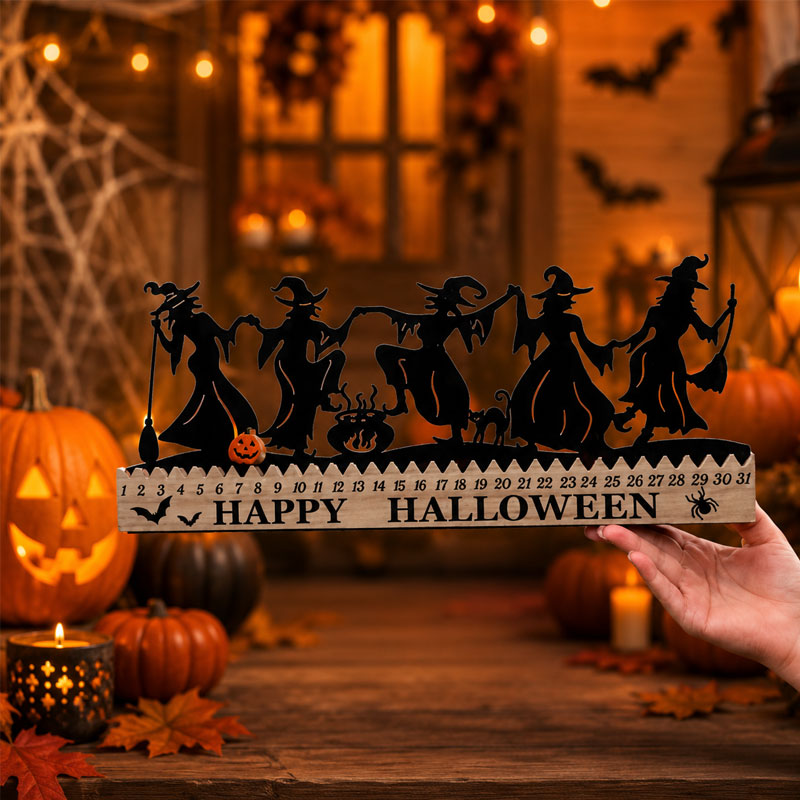 Halloween Countdown Calendar – 31-Day Witch Silhouette Decor with Movable Pumpkin Marker