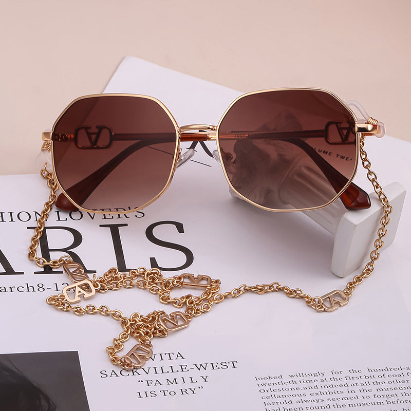 Women's Chain Sunglasses With Anti-Drop Lanyard, Irregular Polygonal Full-Rim Sunglasses