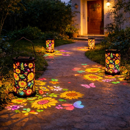🌞A colourful solar-powered garden lantern with a sunflower light effect