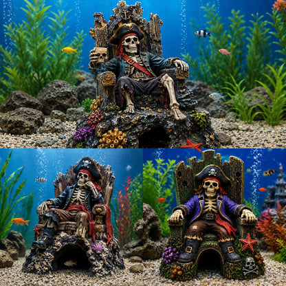 🌊☠️Underwater Pirate Skeleton Throne Aquarium Hideout Cave Decor