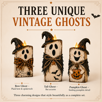 Lighted Vintage Wooden Ghost Decor Set of 3 with Remote Control