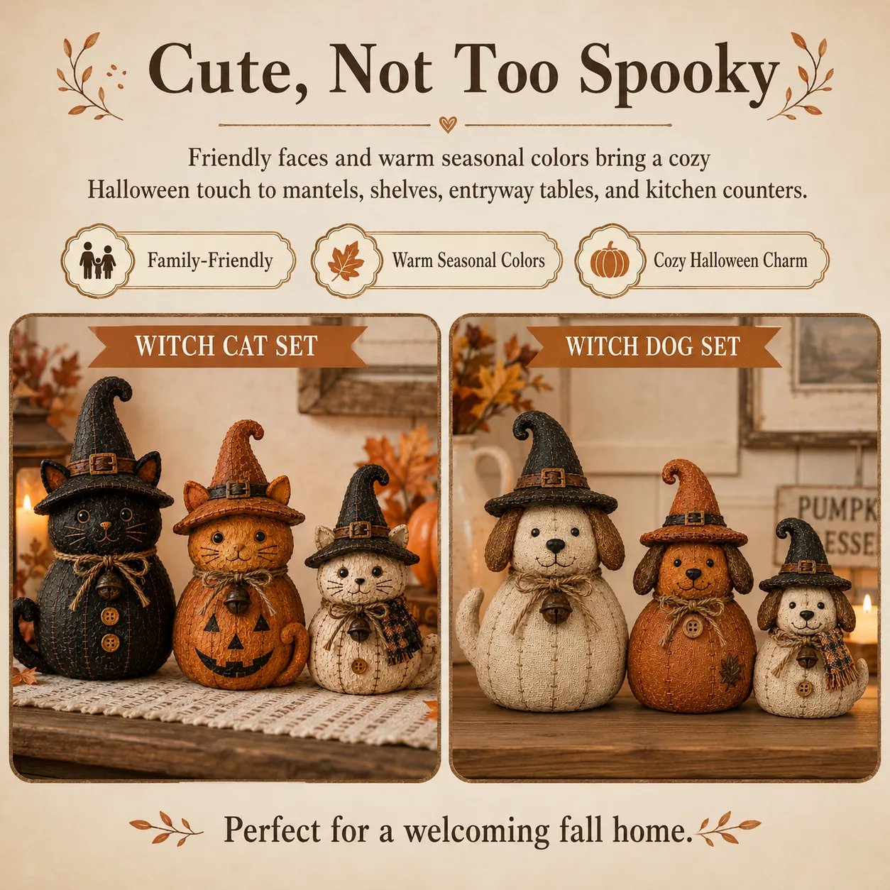 Vintage Witch Cat & Dog Decor Set