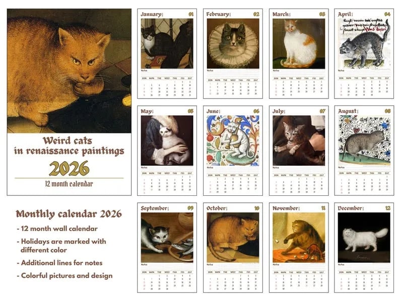 🔥Last Day 49% OFF - 🗓️🎨 Meet the Weird Cats in Renaissance Paintings 2026 Calendar