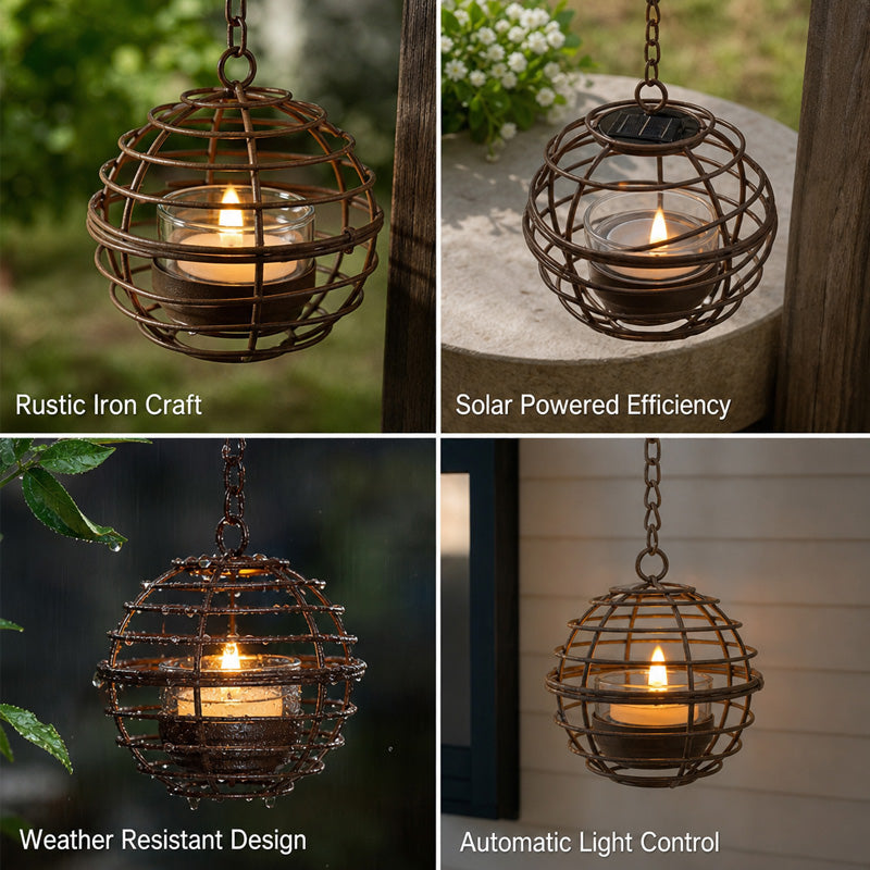 Solar Powered Spherical Candle Lanterns - Metal Hanging Lights for Garden & Patio Decor