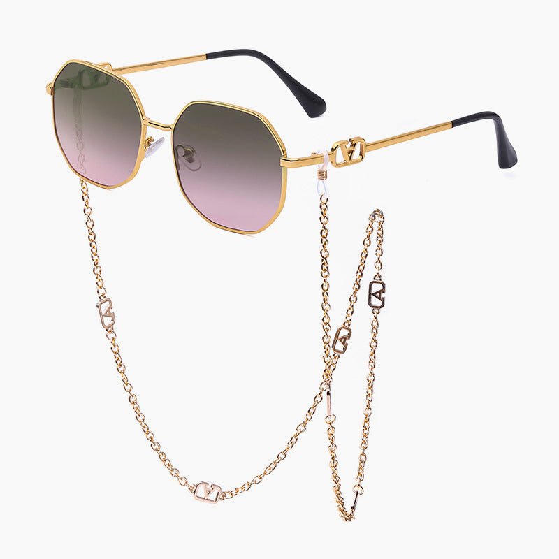 Women's Chain Sunglasses With Anti-Drop Lanyard, Irregular Polygonal Full-Rim Sunglasses