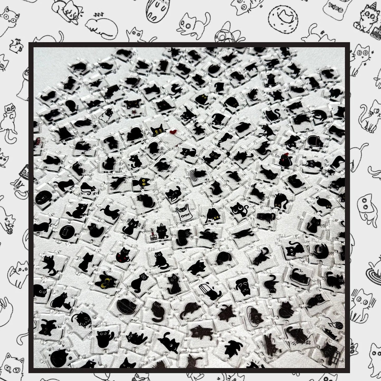 Black, focused, healing acrylic cute cat puzzle with super difficult alien shapes
