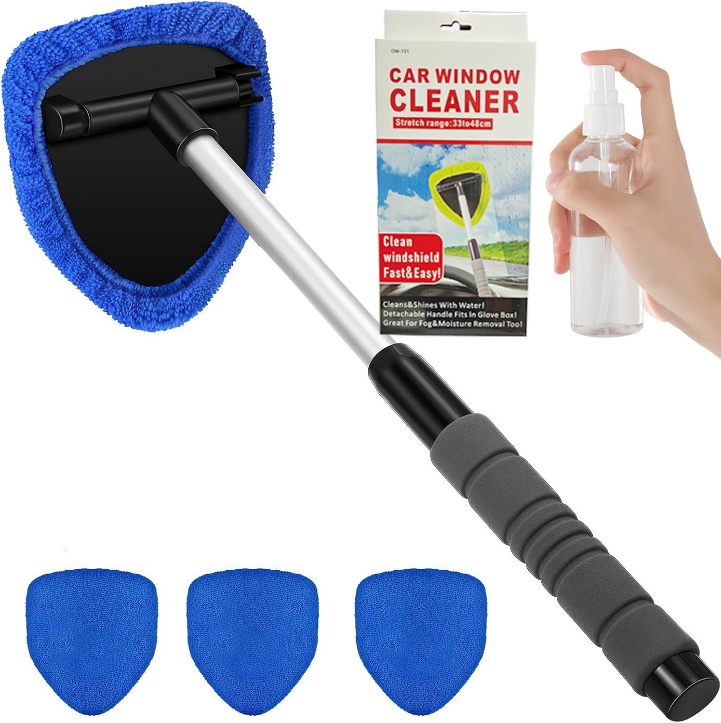 💥 💥  🔥  Windshield Cleaning Tool, Microfiber Car Window Cleaner with 4 Reusable and Washable Microfiber Pads and Extendable Handle
