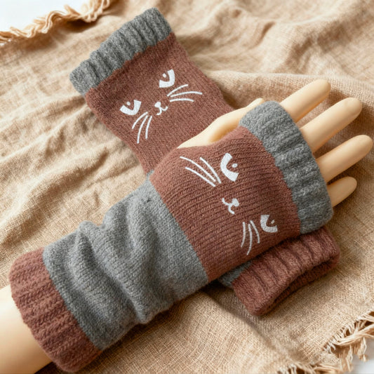 ❄️Women’s Knitted Fingerless Gloves with Cute Cat – Cozy, Stylish & Practical Winter Hand Warmers 🐾