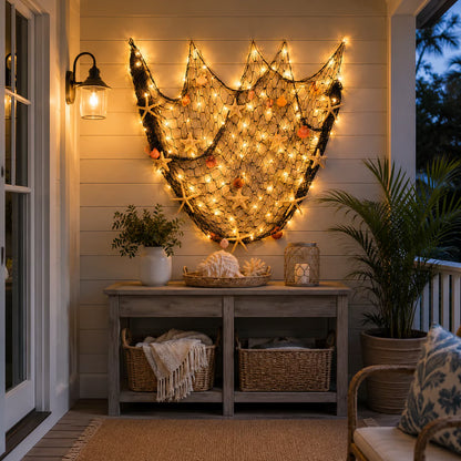 🌊✨ Coastal Fishing Net Wall Hanging with Fairy Lights