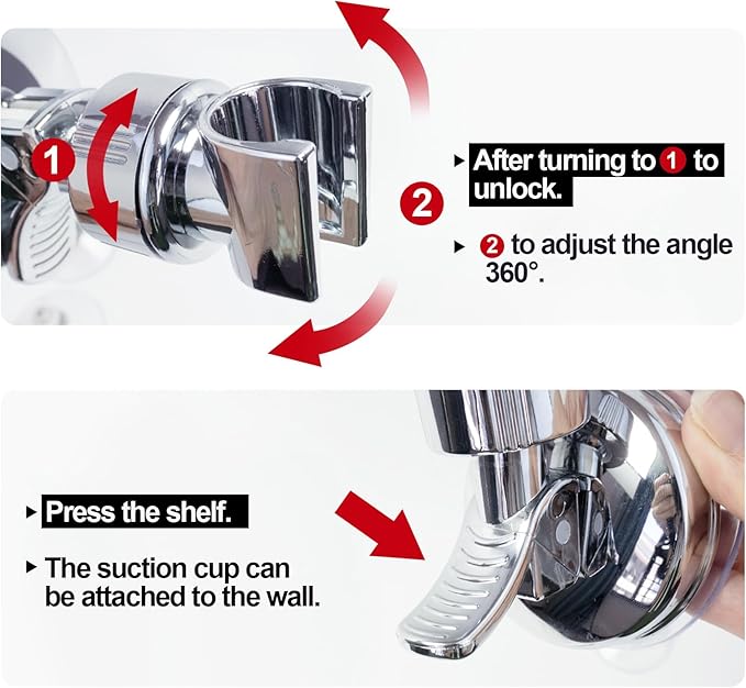 Adjustable shower head holder - Detachable shower head holder with suction cup - Drill-free shower head holder