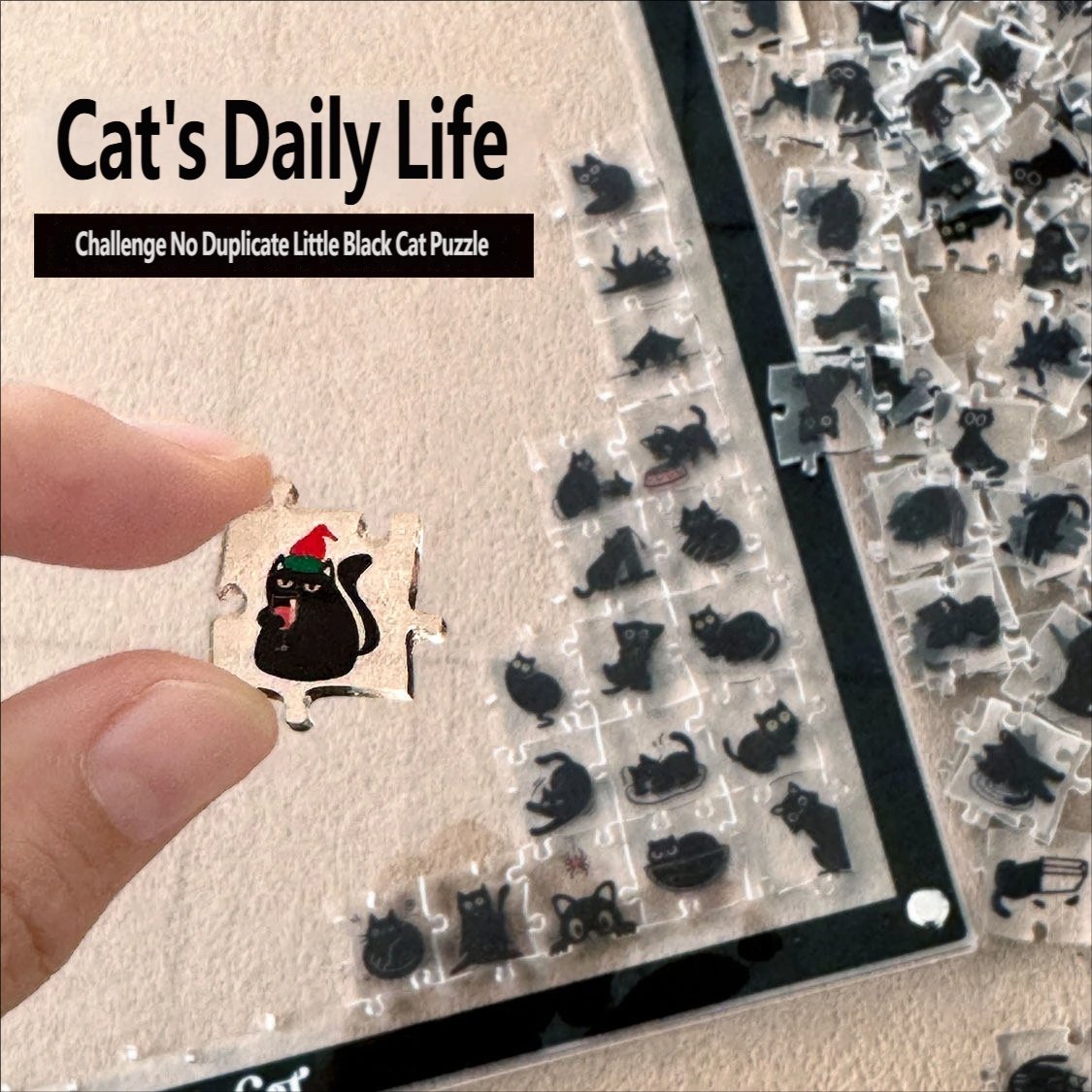 Black, focused, healing acrylic cute cat puzzle with super difficult alien shapes