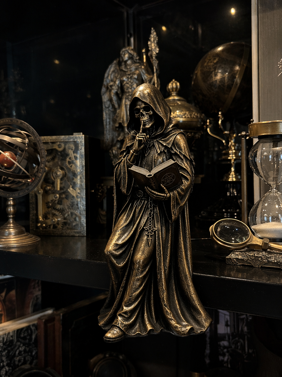 💀Gothic Grim Reaper Bookshelf Statue – Dark Academia Shelf Decor