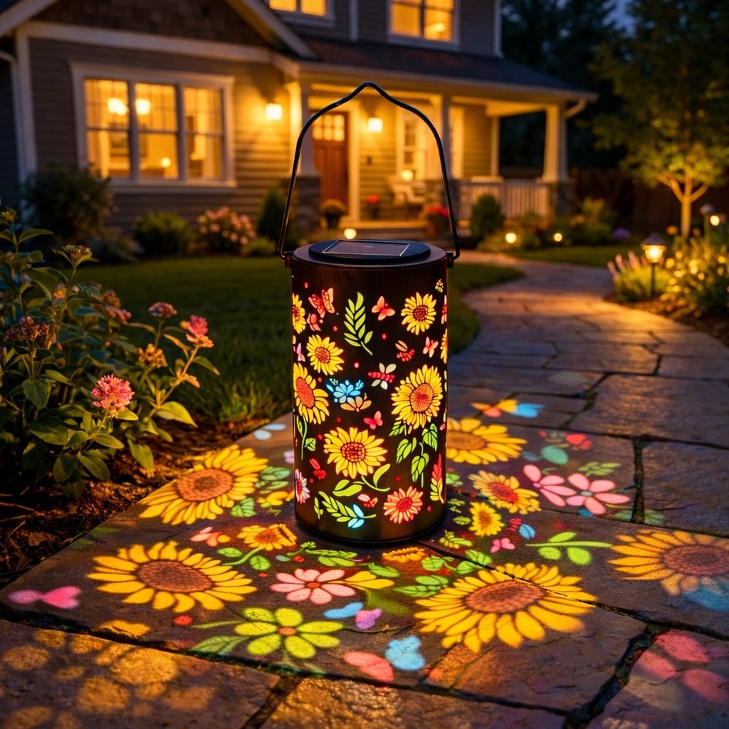 🌞A colourful solar-powered garden lantern with a sunflower light effect