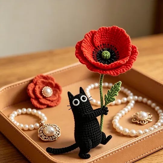 🔥LAST DAY 49% OFF-🌺Handmade Crochet Black Cat with Poppy