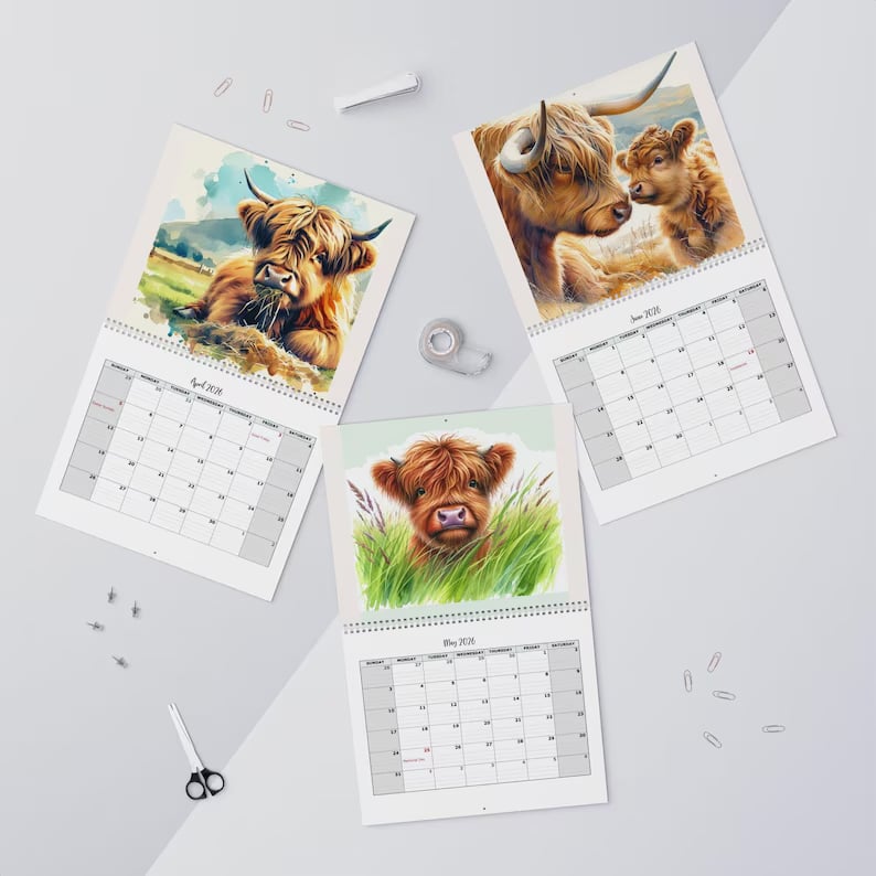 🐮Highland Cow Calendar 2026 – Rustic Farmhouse Wall Art & Monthly Planner📅