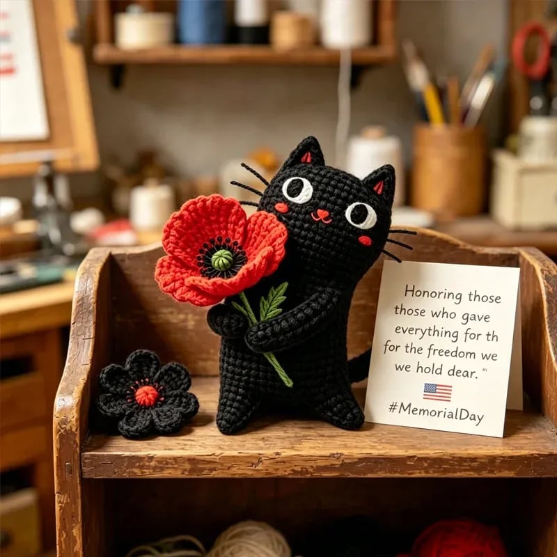 🔥LAST DAY 49% OFF-🌺Handmade Crochet Black Cat with Poppy