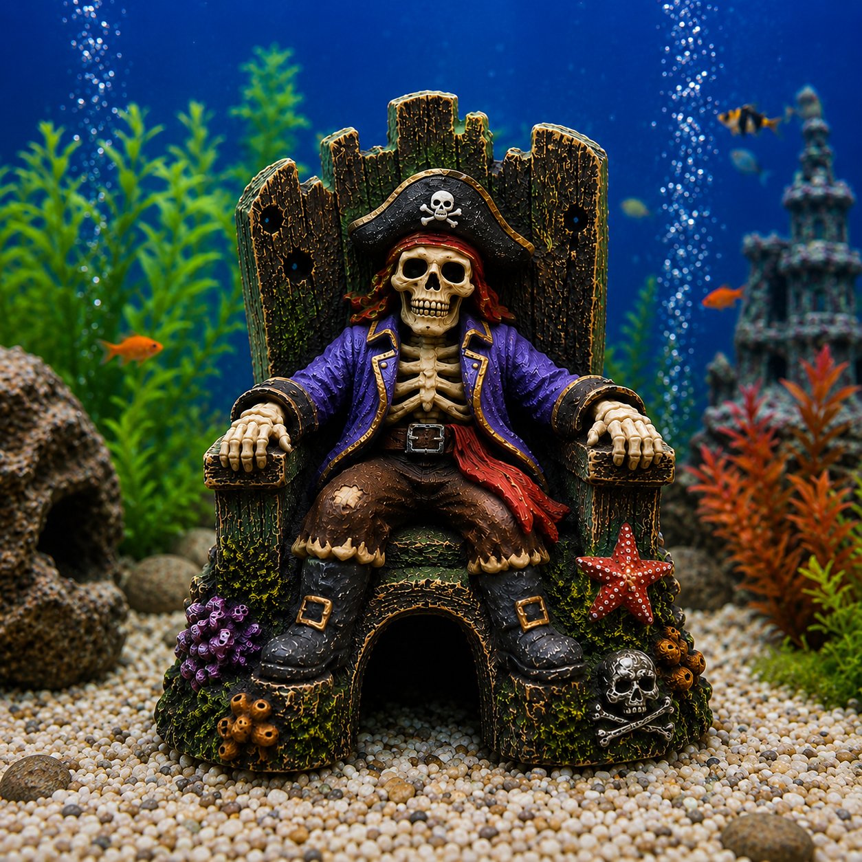 🌊☠️Underwater Pirate Skeleton Throne Aquarium Hideout Cave Decor